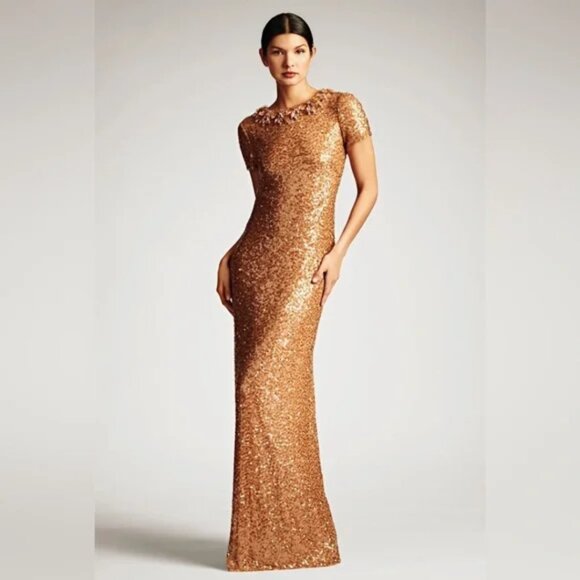 Sachin & Babi Shiloh Honey‎ Golden Brown Jeweled Sequin Column Gown Maxi Dress - Picture 5 of 5